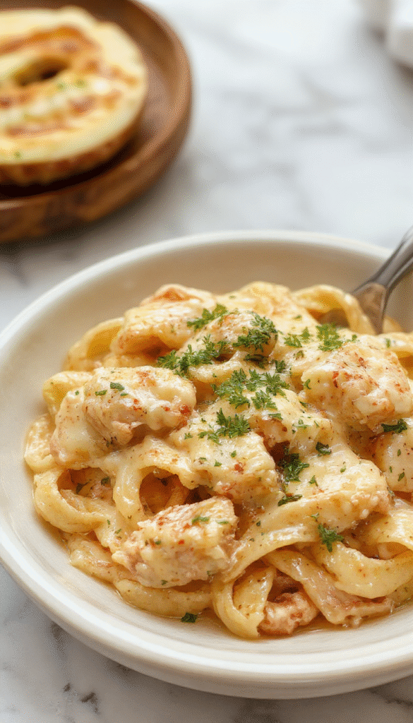 A vibrant white plate showcasing creamy Boursin chicken pasta topped with fresh herbs and black pepper. The pasta is coated in a smooth, cheesy sauce, garnished with chopped chives. The background features a rustic wooden table with additional herbs and a fork twirling the pasta, highlighting the rich textures and inviting presentation.