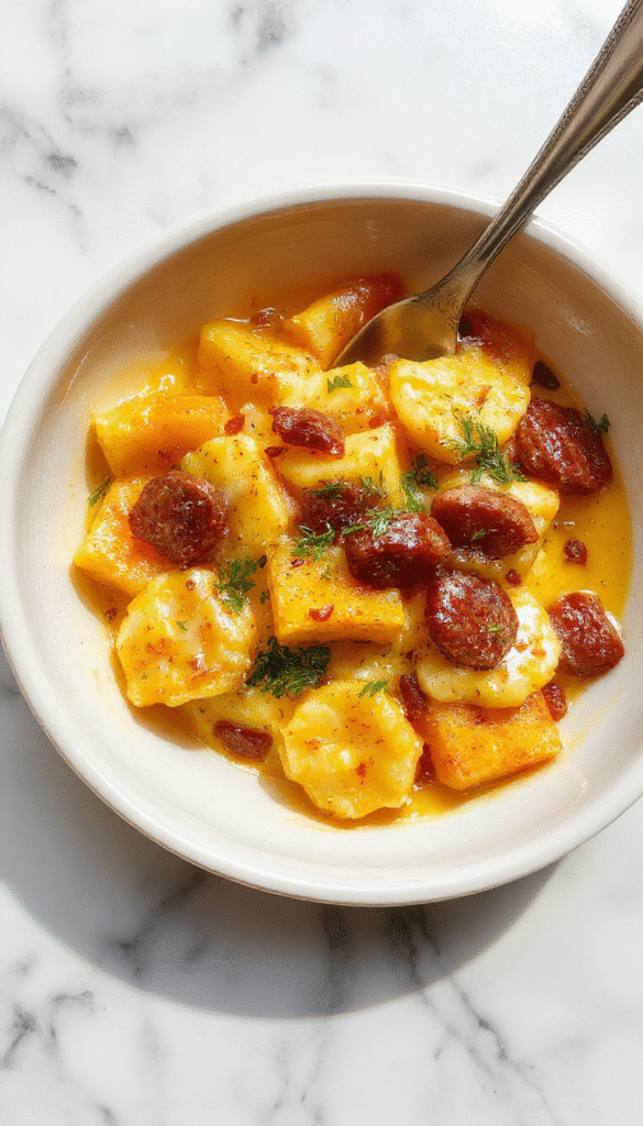 A vibrant plate of creamy butternut squash gnocchi topped with golden browned sausage slices, garnished with fresh herbs. The gnocchi are plump, coated in a rich orange sauce, and arranged artfully on a white dish, contrasting beautifully with the golden sausage and green herbs, with a rustic wooden table background.