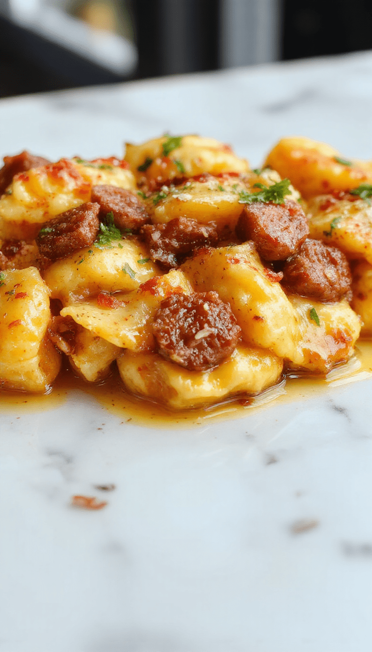 A vibrant plate of golden yellow butternut squash gnocchi drizzled with creamy sauce, topped with slices of cooked sausage and garnished with fresh herbs, styled on a rustic wooden table with a light background emphasizing the rich textures and inviting colors.