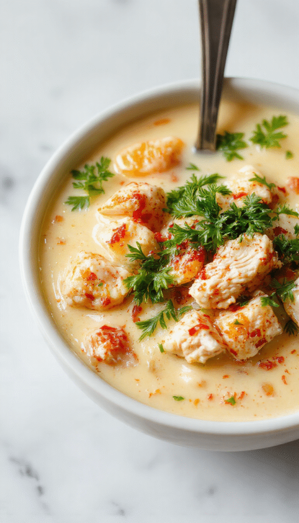 A steaming bowl of creamy Cajun chicken soup garnished with chopped green herbs and slices of tender chicken, served on a rustic wooden table with a vibrant red background. The soup has a rich, orange-hued broth with visible spices, topped with fresh herbs, and accompanied by crusty bread on the side.