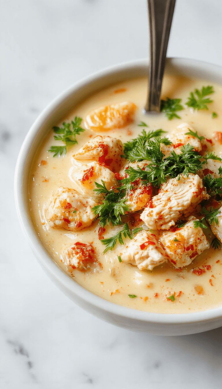 A steaming bowl of creamy Cajun chicken soup garnished with chopped green herbs and slices of tender chicken, served on a rustic wooden table with a vibrant red background. The soup has a rich, orange-hued broth with visible spices, topped with fresh herbs, and accompanied by crusty bread on the side.