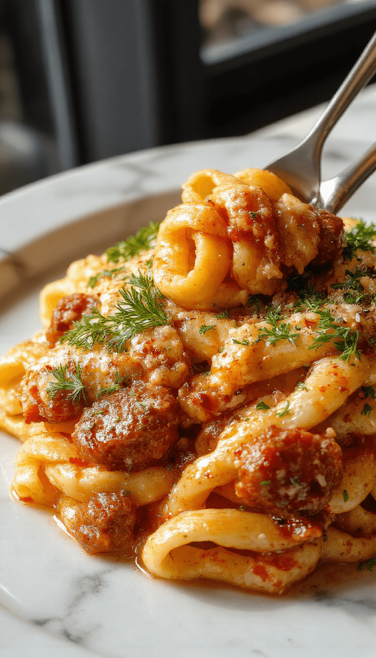 A vibrant plate of creamy Cajun sausage pasta with sliced sausage, colorful bell peppers, and green herbs on a white ceramic plate, topped with a sprinkle of parsley, showcasing rich textures and bold colors against a rustic wooden table