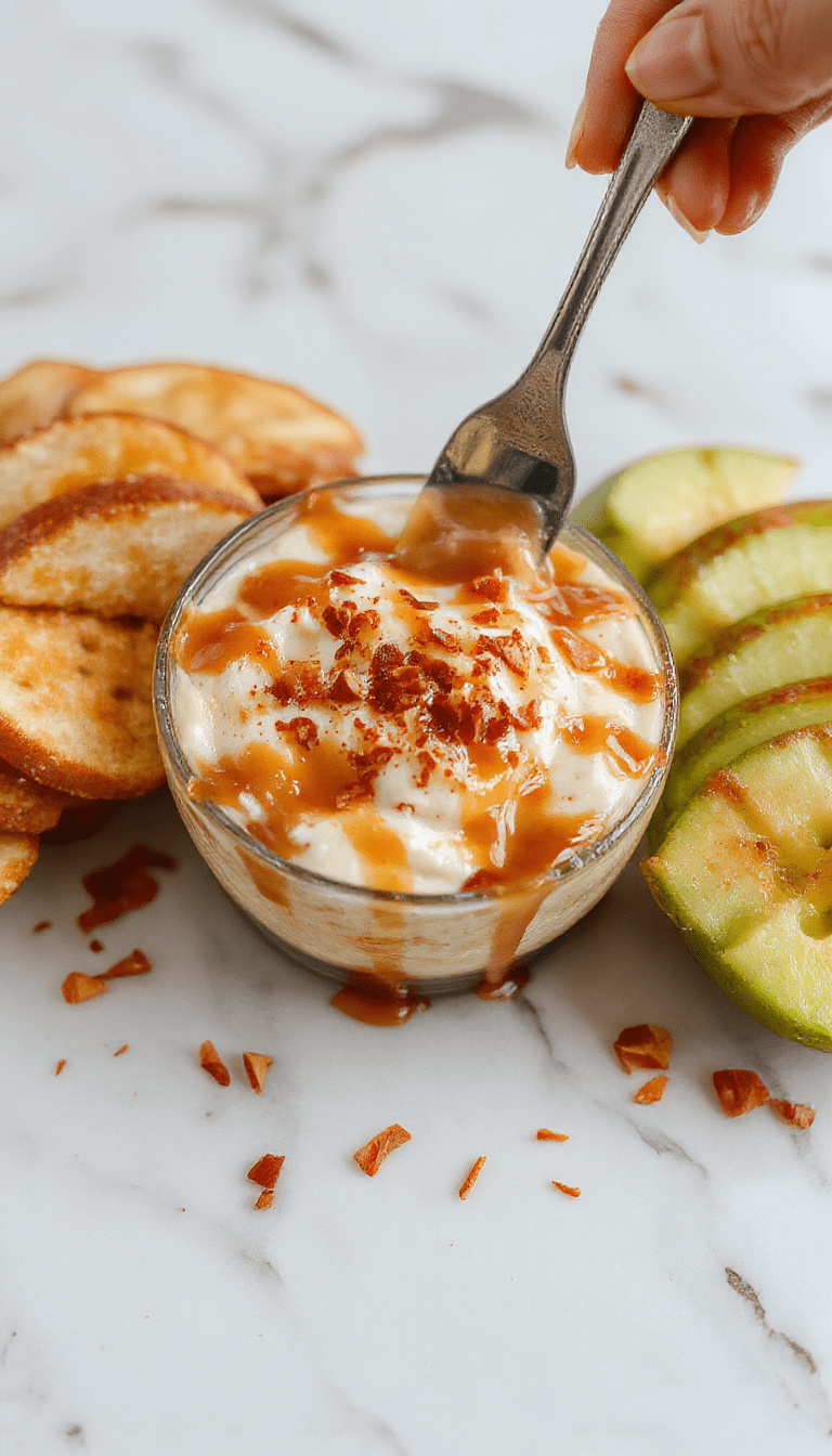 A vibrant creamy caramel apple cheesecake dip in a clear glass bowl, topped with caramel drizzle, sliced fresh apples around it, and a golden-brown graham cracker crust, styled on a rustic wooden table with a spoon for serving.