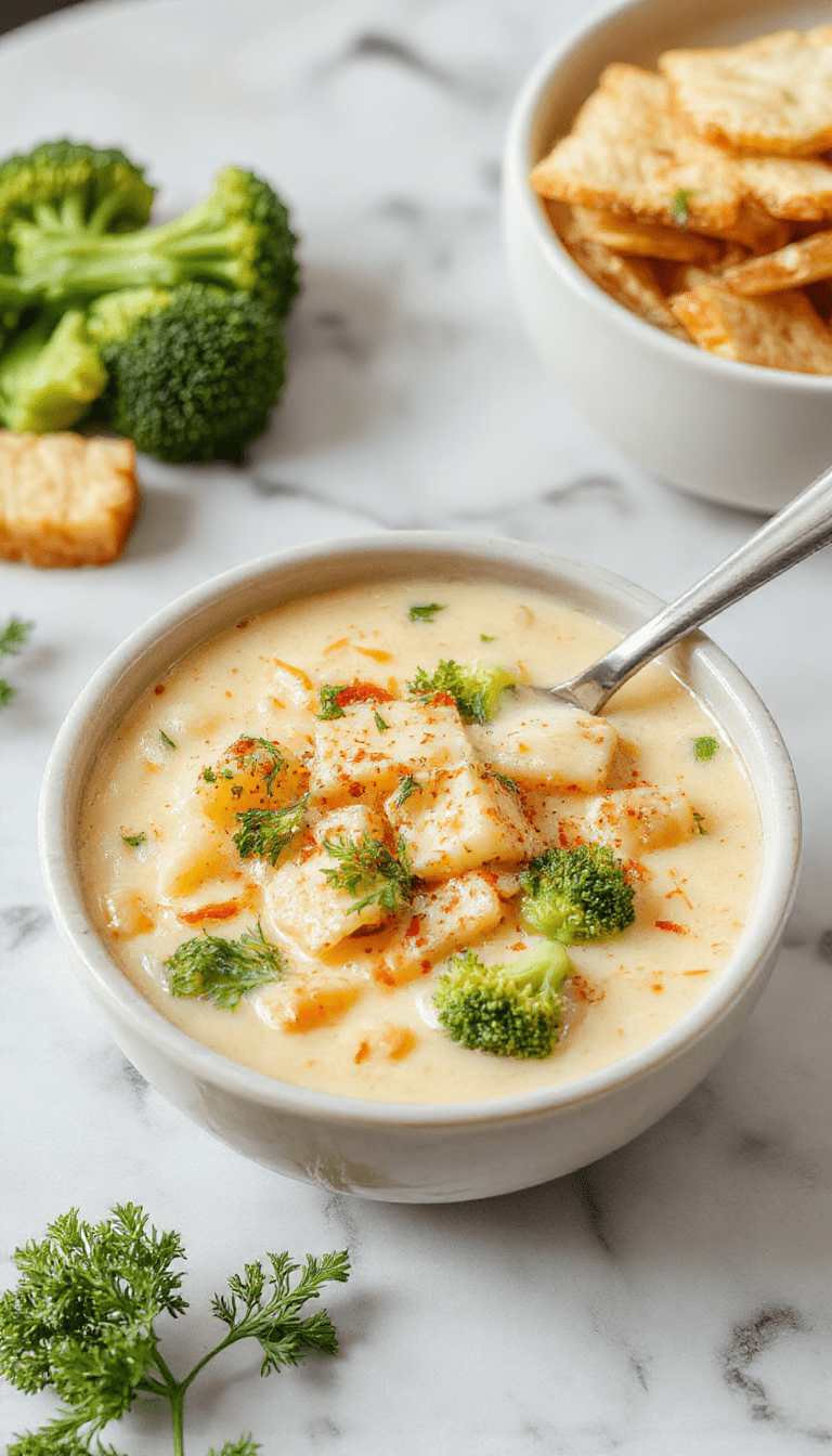 A steaming bowl of creamy cheddar broccoli and potato soup garnished with shredded cheese and chopped green onions, served on a rustic wooden table with fresh broccoli florets and crusty bread in the background, highlighting the rich textures and vibrant green and yellow colors of the ingredients.