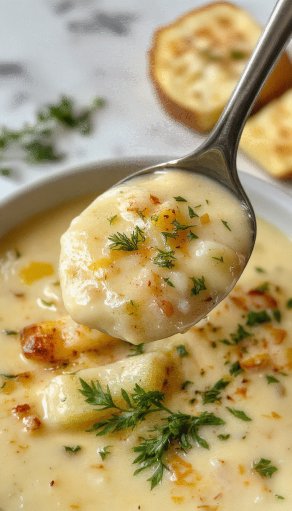 A warm bowl of creamy cheddar garlic herb potato soup topped with melted cheese, fresh herbs, and crispy bacon bits in a rustic bowl with a spoon, surrounded by chopped potatoes, garlic cloves, and sprigs of herbs on a wooden table.