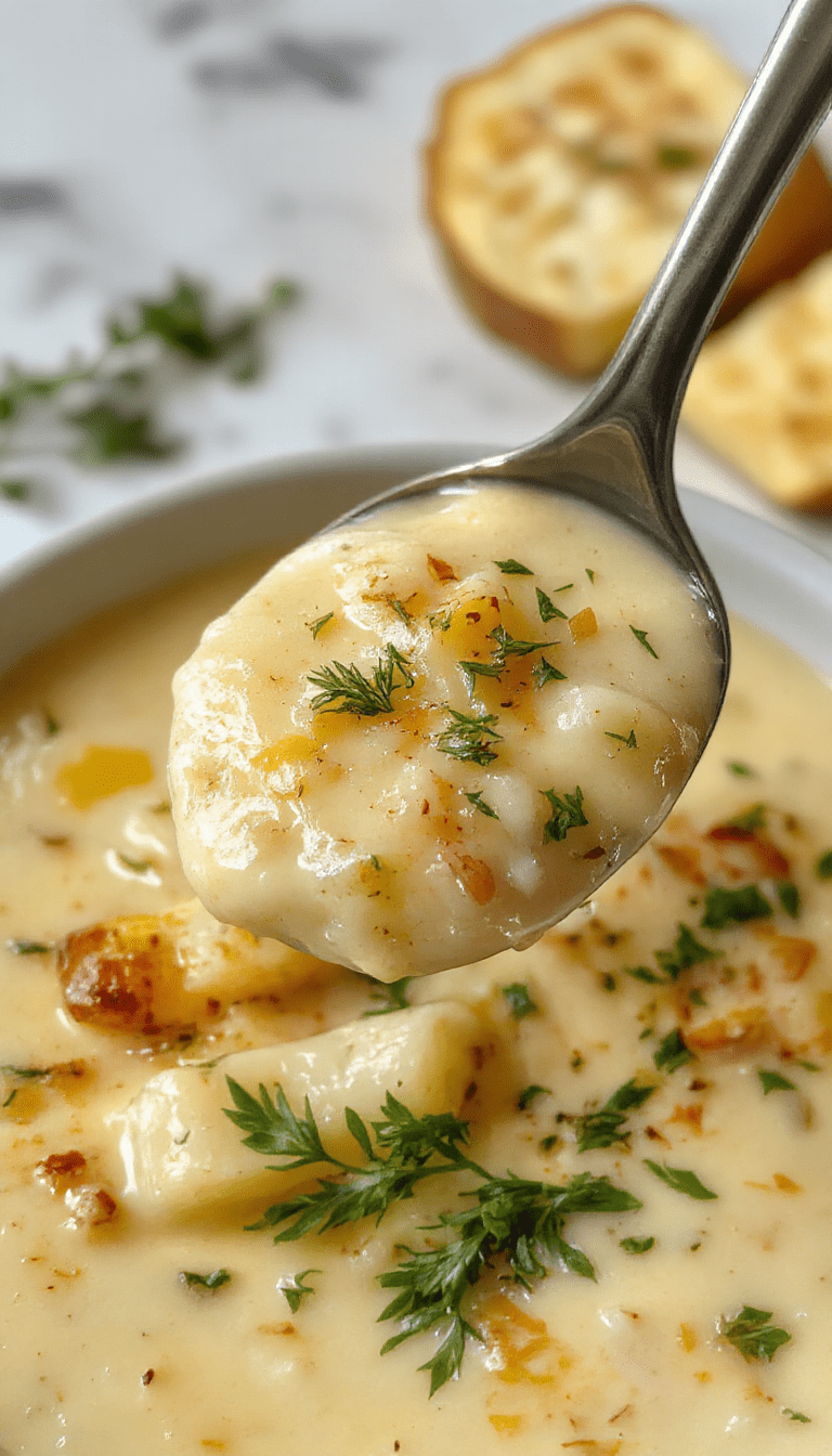 A warm bowl of creamy cheddar garlic herb potato soup topped with melted cheese, fresh herbs, and crispy bacon bits in a rustic bowl with a spoon, surrounded by chopped potatoes, garlic cloves, and sprigs of herbs on a wooden table.