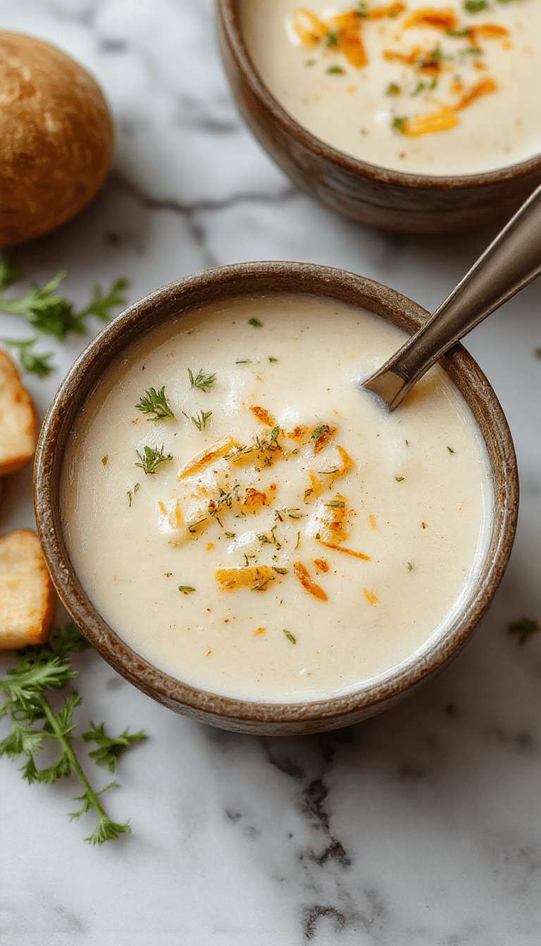 A steaming bowl of creamy potato soup topped with shredded cheddar cheese, fresh chopped herbs, and a garlic crouton garnish, set on a rustic wooden table with a background of herbs and garlic.