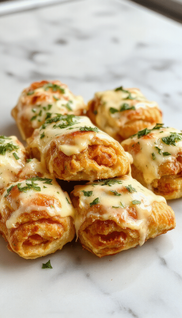 A close-up of golden-brown crescent rolls filled with melted cheese and tender chicken, garnished with fresh herbs on a rustic wooden platter, with a flaky texture and gooey cheese oozing from the pastry.