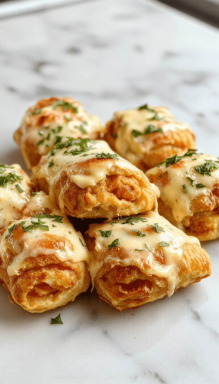 A close-up of golden-brown crescent rolls filled with melted cheese and tender chicken, garnished with fresh herbs on a rustic wooden platter, with a flaky texture and gooey cheese oozing from the pastry.