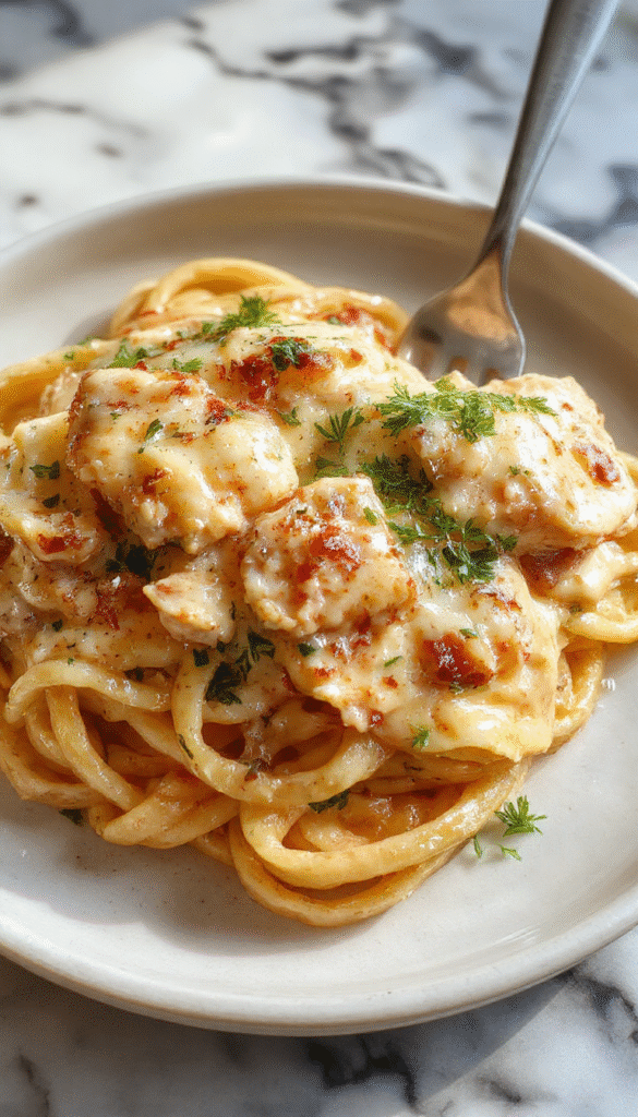 A close-up of a creamy chicken Alfredo pasta dish served in a white bowl, topped with freshly grated Parmesan cheese and chopped parsley, showcasing the smooth, rich sauce coating tender pieces of chicken and pasta with a glossy finish, styled on a rustic wooden table with a background of garlic cloves and herbs.