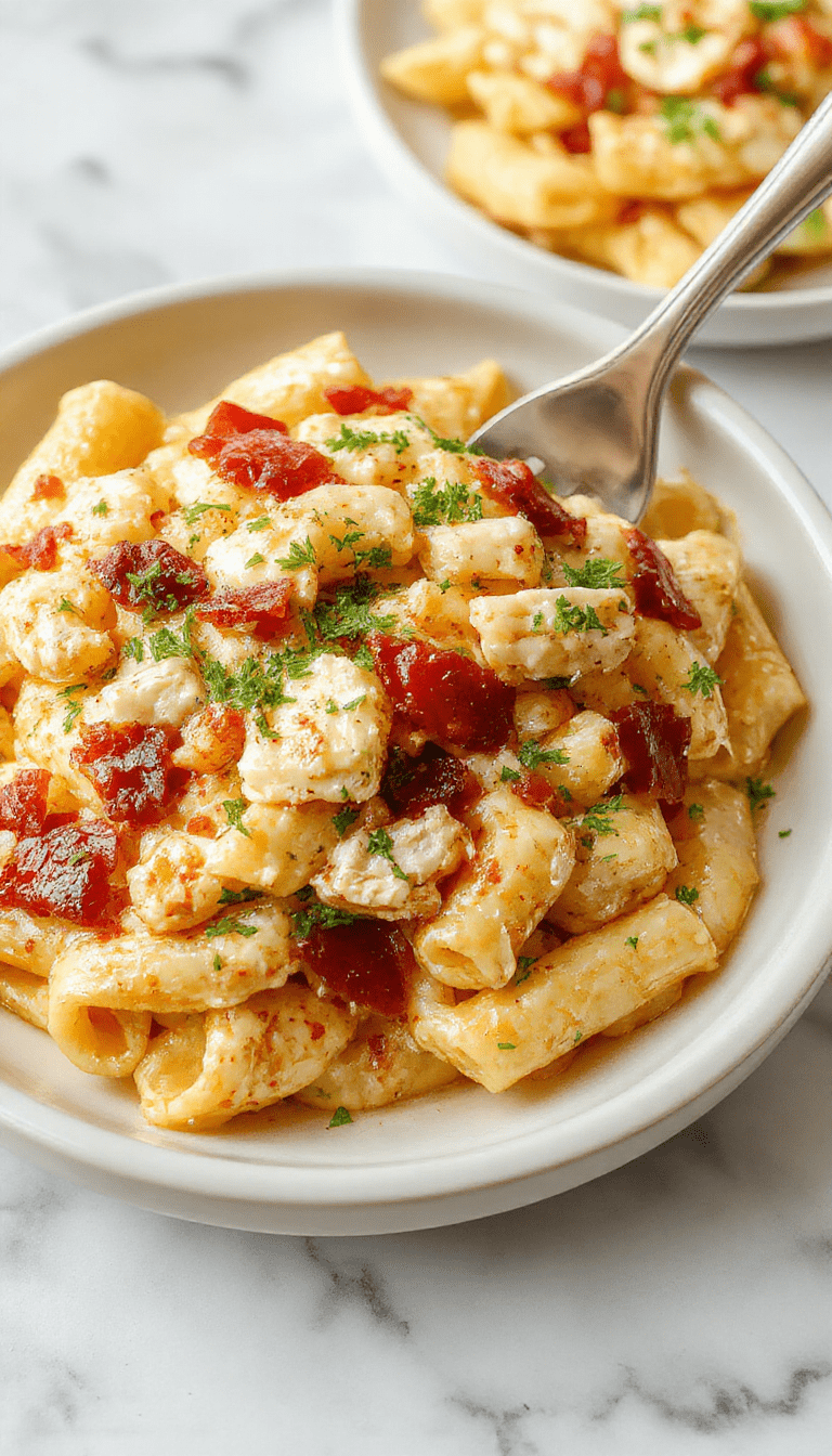 A vibrant plate of creamy chicken bacon ranch pasta featuring golden-brown bacon bits, tender pasta coated in a creamy white sauce, topped with fresh parsley and shredded cheese, presented on a rustic wooden table with a sprinkle of herbs for garnish.