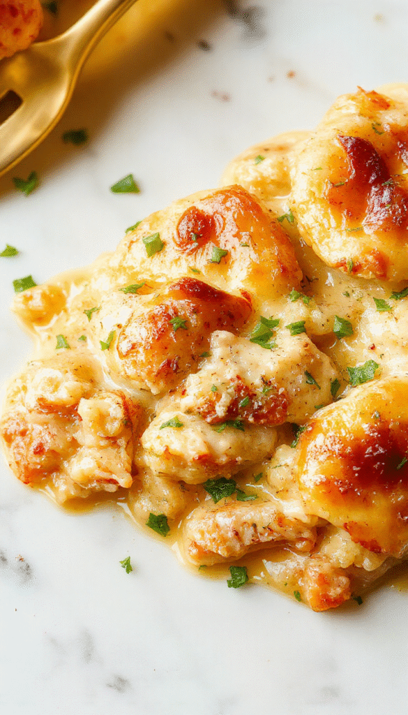 A colorful chicken pot pie casserole in a white baking dish topped with golden flaky crust pieces, garnished with chopped parsley, surrounded by fresh vegetables and a rustic wooden table setting.