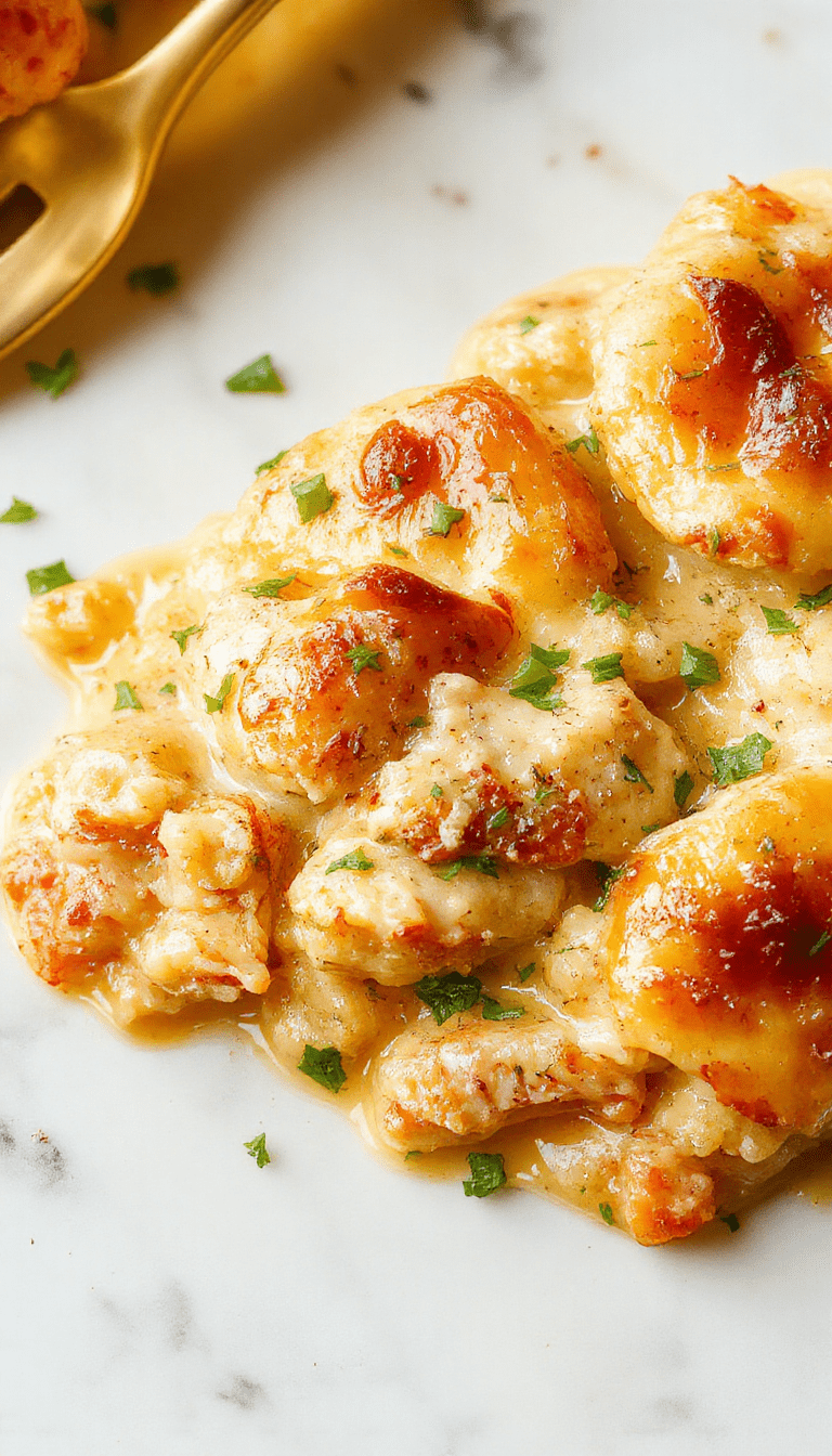 A colorful chicken pot pie casserole in a white baking dish topped with golden flaky crust pieces, garnished with chopped parsley, surrounded by fresh vegetables and a rustic wooden table setting.