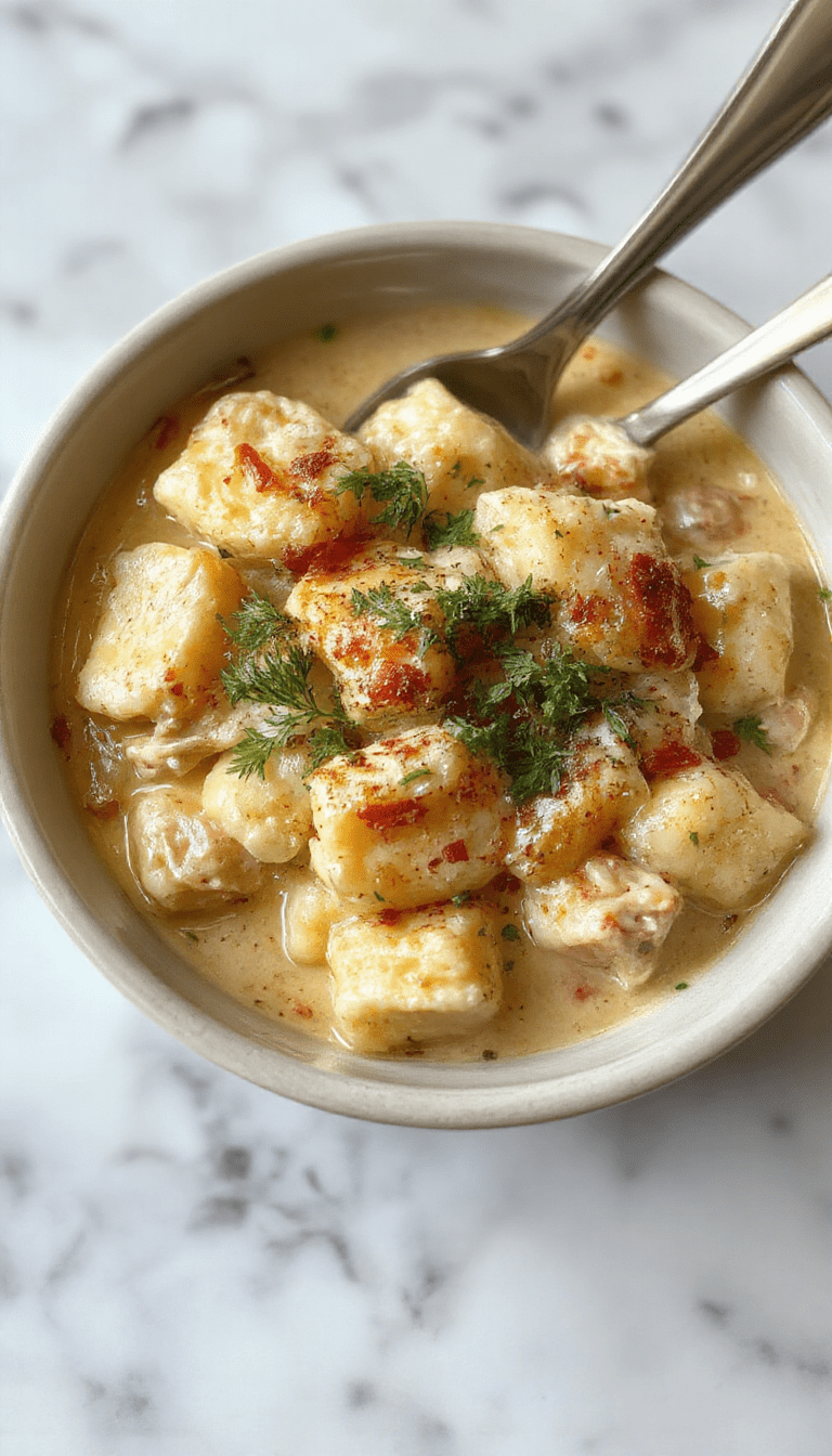 A vibrant plate of creamy chicken pot pie pasta featuring al dente pasta coated in a rich, golden sauce with chunks of tender chicken, peas, carrots, and a flaky crust crumble garnish, styled on a rustic wooden table with fresh herbs.