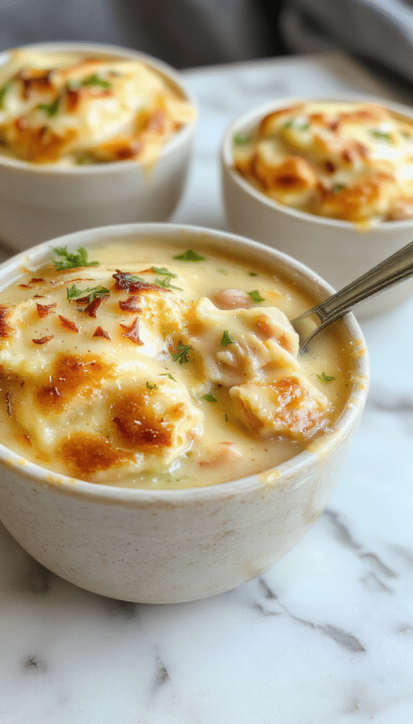 A vibrant, steaming bowl of creamy chicken pot pie soup featuring tender chicken chunks, caramelized carrots, celery, and peas, topped with flaky pastry crumbles, served in a rustic bowl with a sprig of fresh parsley on a cozy wooden table.