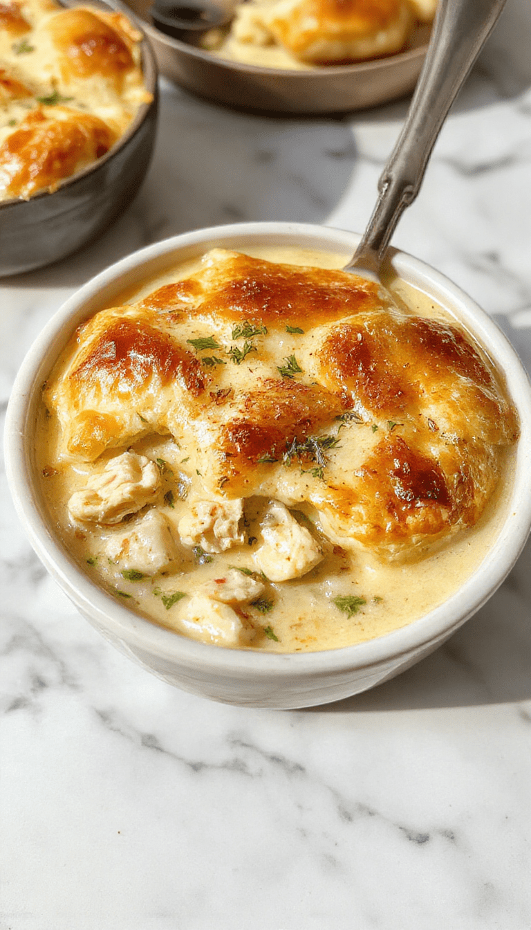 A warm bowl of creamy chicken pot pie soup with golden crust crumbles on top, surrounded by fresh herbs and crusty bread, vibrant orange carrots, tender chicken chunks, and steaming hot broth, styled in rustic ceramic bowls on a wooden table