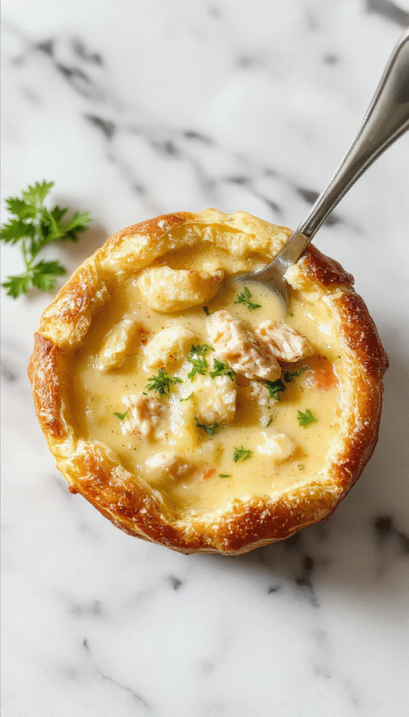 A cozy bowl of chicken pot pie soup garnished with fresh herbs, topped with golden flaky pastry crust, served with warm bread in the background, vibrant yellow and brown tones highlight the hearty, creamy texture and inviting presentation.