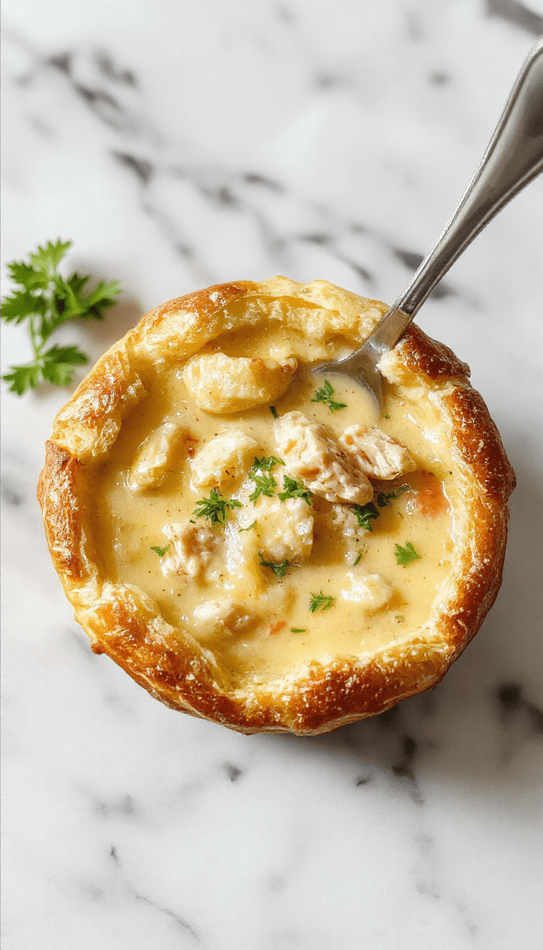 A cozy bowl of chicken pot pie soup garnished with fresh herbs, topped with golden flaky pastry crust, served with warm bread in the background, vibrant yellow and brown tones highlight the hearty, creamy texture and inviting presentation.