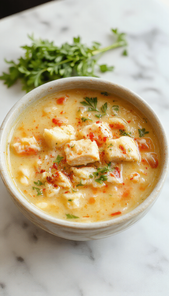 A steaming bowl of creamy chicken and rice soup with shredded chicken, tender rice, and chopped herbs in a white ceramic bowl, garnished with fresh parsley. The soup has a rich, velvety texture with a golden broth and bits of vegetables visible. The bowl is set on a rustic wooden table with a soft focus background, emphasizing warmth and homestyle comfort.