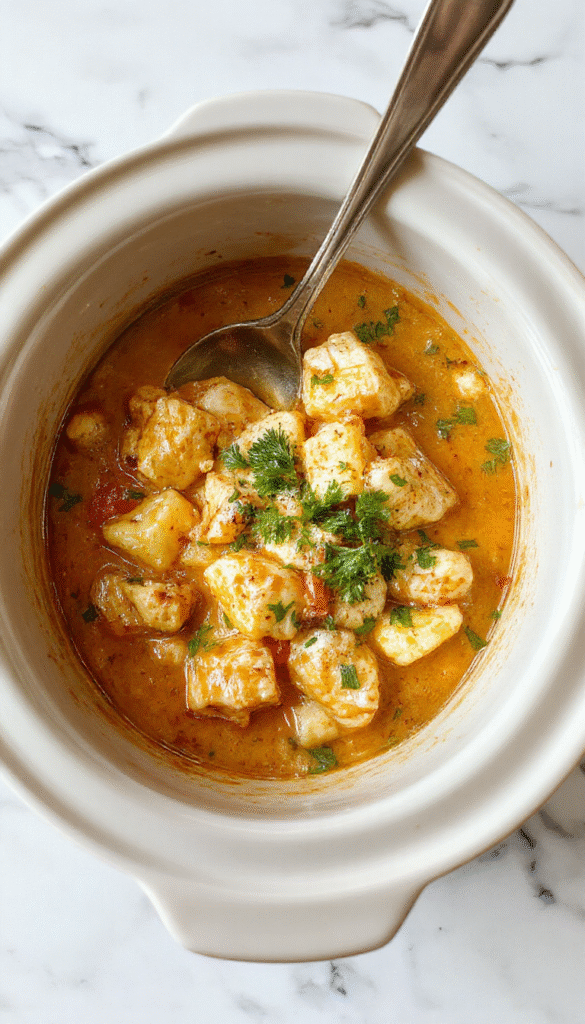 A vibrant plate featuring chunks of tender chicken in a rich, creamy coconut orange-colored sauce, garnished with fresh cilantro, served with steamed rice and a side of naan bread, styled for an inviting home dinner setting