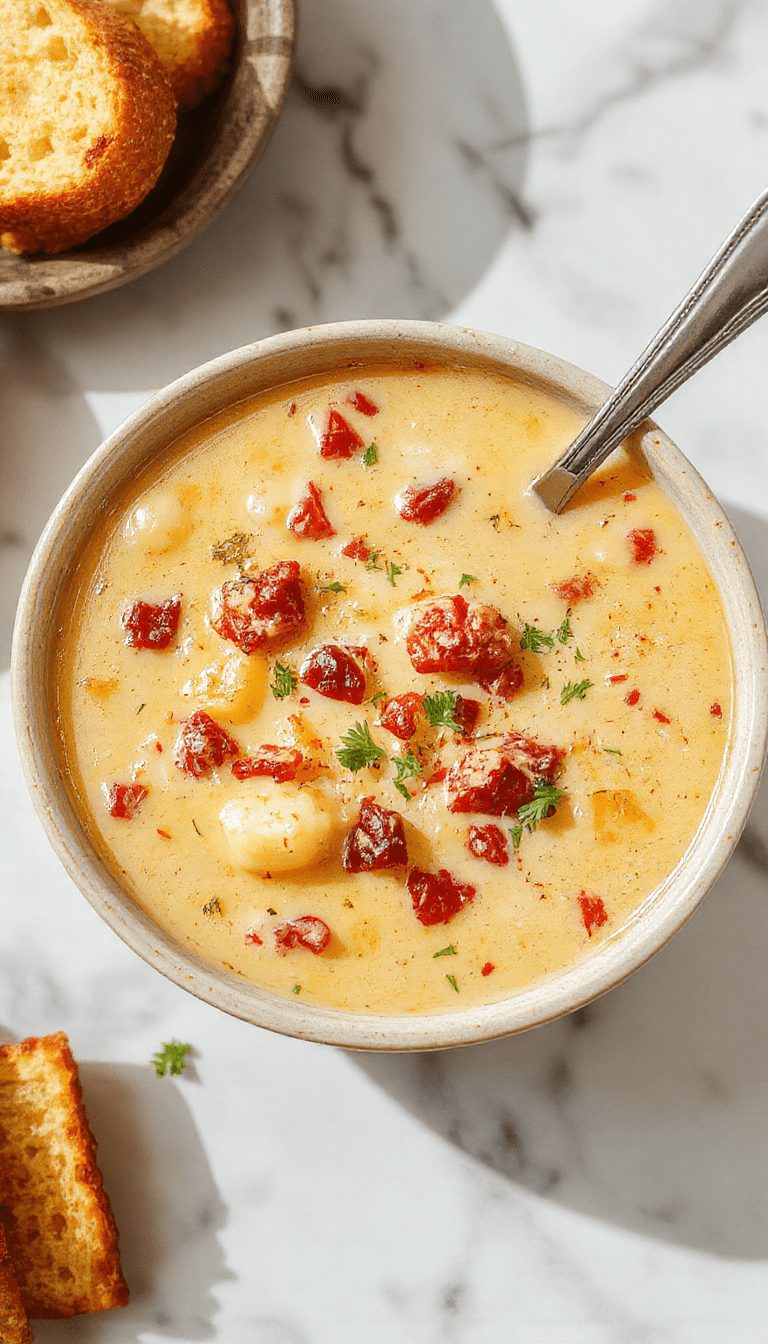 A rich and creamy cowboy soup served in a rustic bowl, topped with shredded cheese, chopped green onions, and crispy bacon bits. The vibrant orange and brown hues highlight the hearty beans, tender beef chunks, and a swirl of cream, with a rustic wooden table background emphasizing comfort and homestyle appeal.