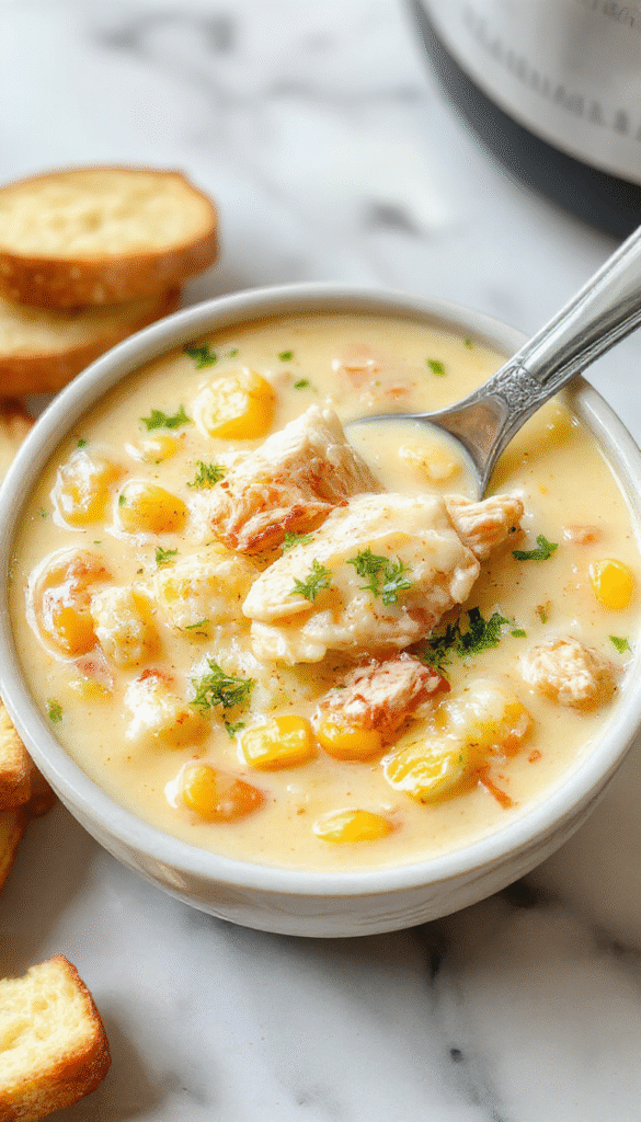A warm bowl of creamy chicken corn chowder topped with fresh herbs, served on a rustic wooden table. The chowder is thick, studded with tender chicken pieces, sweet corn kernels, and bits of crispy bacon. A spoon rests beside the bowl, with steam gently rising, displaying vibrant yellow and white hues contrasted with green garnish for a fresh touch.