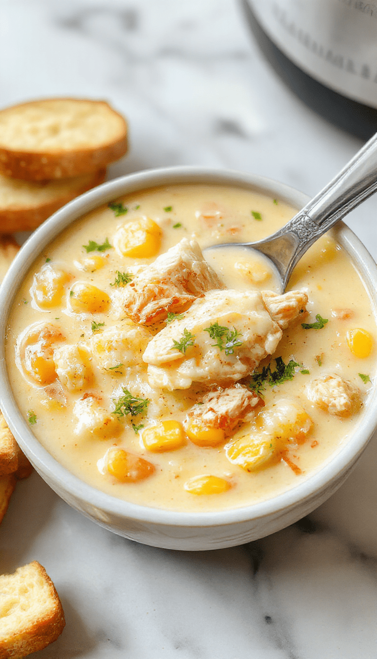 A warm bowl of creamy chicken corn chowder topped with fresh herbs, served on a rustic wooden table. The chowder is thick, studded with tender chicken pieces, sweet corn kernels, and bits of crispy bacon. A spoon rests beside the bowl, with steam gently rising, displaying vibrant yellow and white hues contrasted with green garnish for a fresh touch.