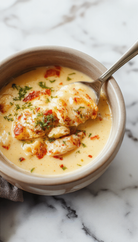 A warm bowl of creamy chicken parmesan soup garnished with melted cheese, fresh basil, and crispy bread crumbs, surrounded by rustic wooden table and ingredients like chicken, tomatoes, and herbs, with a spoon resting ready for serving, showcasing vibrant reds, greens, and creamy textures.