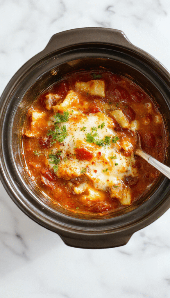 A steaming bowl of creamy crockpot lasagna soup garnished with fresh basil and shredded mozzarella, served on a rustic wooden table with a spoon taking a scoop of thick, cheesy broth loaded with tender pasta and flavorful meat sauce, surrounded by a warm, inviting kitchen ambiance.