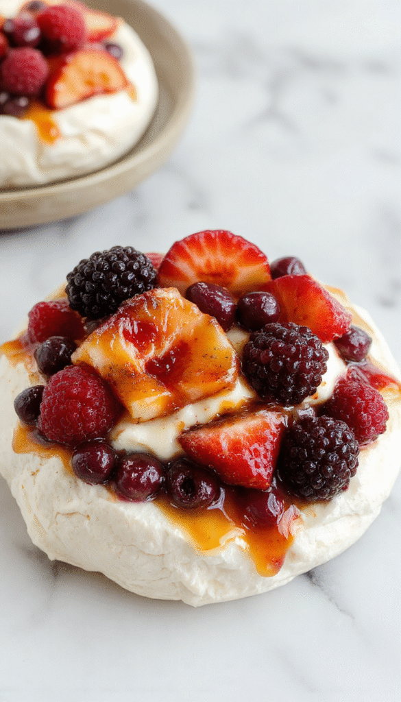 A beautifully plated pavlova with crisp golden meringue topped with a generous swirl of whipped cream and an array of colorful fresh fruits including strawberries, blueberries, kiwi slices, and passion fruit, garnished with mint leaves, styled on a white elegant plate with a soft-focus background highlighting the vibrant colors and textures.