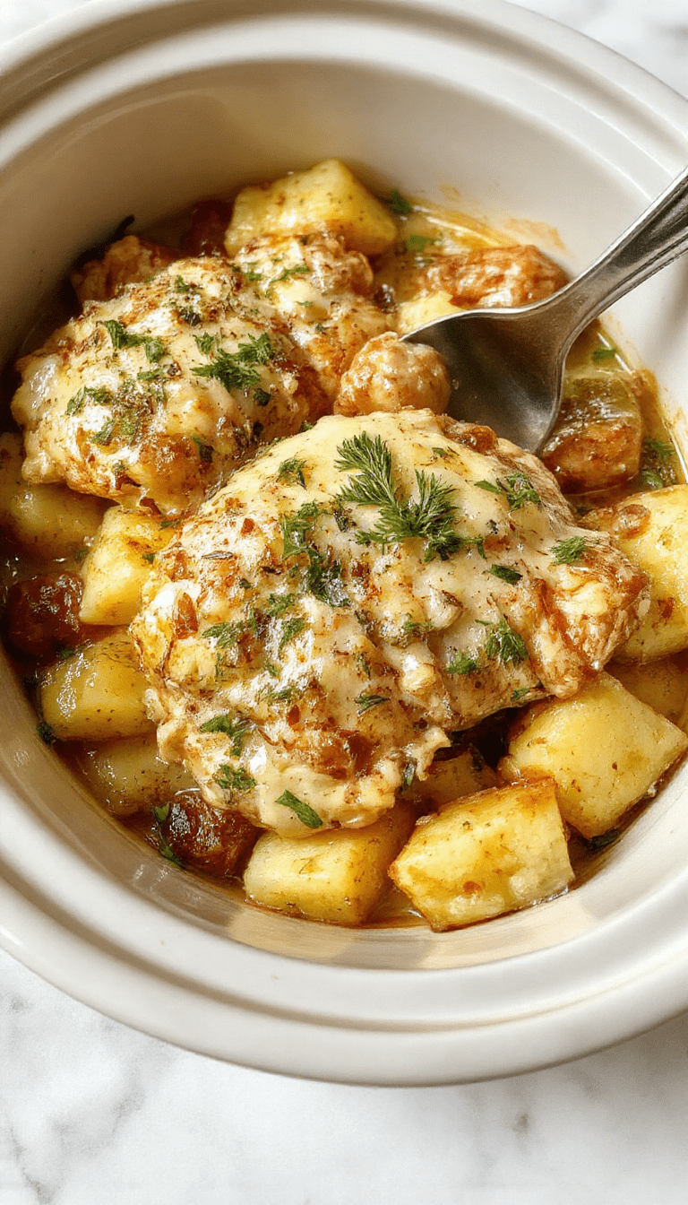 A vibrant plate of creamy garlic Parmesan crockpot chicken and potatoes featuring golden-brown roasted chicken breasts topped with fresh parsley, alongside crispy roasted potatoes coated in melted Parmesan cheese. The dish is presented on a rustic wooden table with a side of steamed green beans, showcasing textures of tender chicken and crispy potatoes with rich herb seasonings, styled for a comforting home-cooked meal.