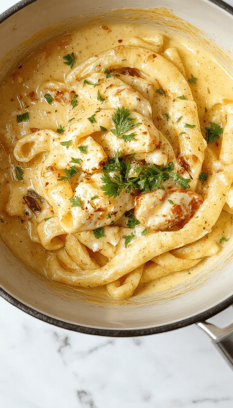 A close-up of a creamy garlic pasta served in a rustic white bowl, topped with fresh chopped herbs and black pepper, displaying a rich, velvety texture and golden garlic bits on top, with a wooden spoon beside and a blurred background of ingredients.