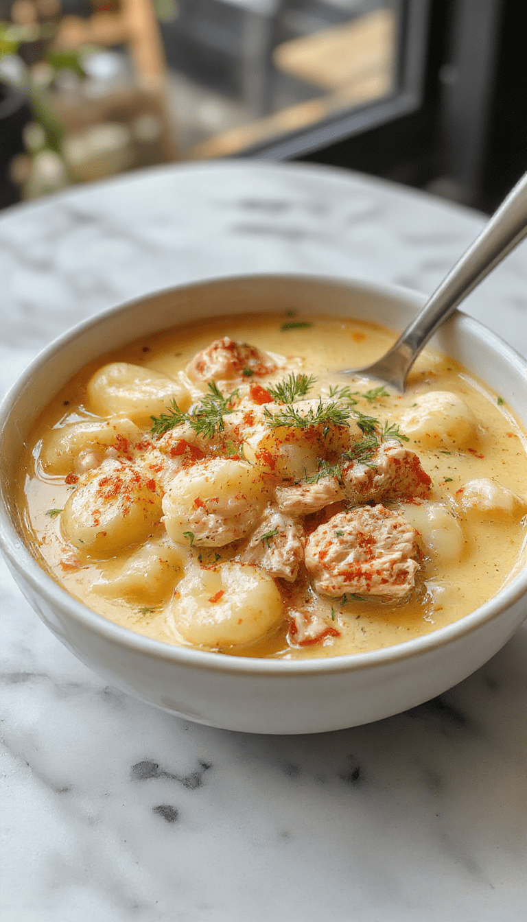 A vibrant bowl of creamy gnocchi and shredded rotisserie chicken soup garnished with fresh herbs, served in a rustic white bowl on a wooden table with a spoon, highlighting the rich textures and warm colors of the broth, soft gnocchi, and tender chicken.