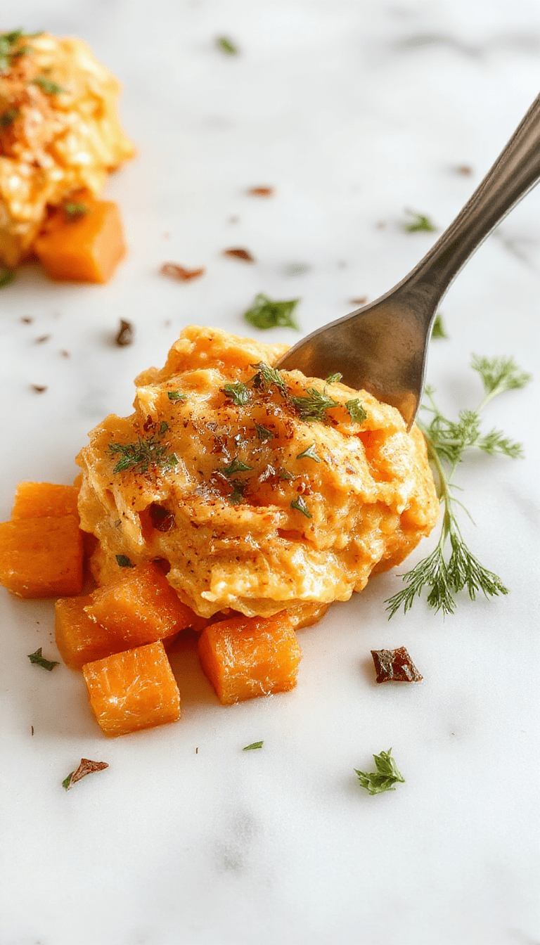A vibrant plate of smashed carrots with a bright orange color, garnished with fresh herbs and a drizzle of olive oil, served on a rustic white plate against a light wooden background with a hint of greenery for a fresh appeal