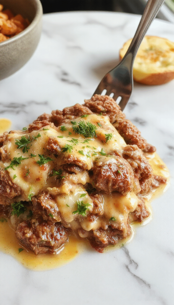 A close-up of a rustic white bowl filled with creamy beef stroganoff, garnished with chopped parsley, featuring tender pieces of ground beef in a rich, velvety sauce with a side of buttery egg noodles on a wooden table with a spoon.