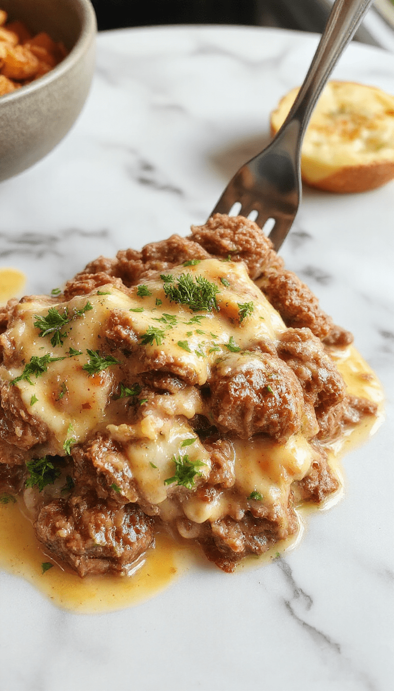 A close-up of a rustic white bowl filled with creamy beef stroganoff, garnished with chopped parsley, featuring tender pieces of ground beef in a rich, velvety sauce with a side of buttery egg noodles on a wooden table with a spoon.