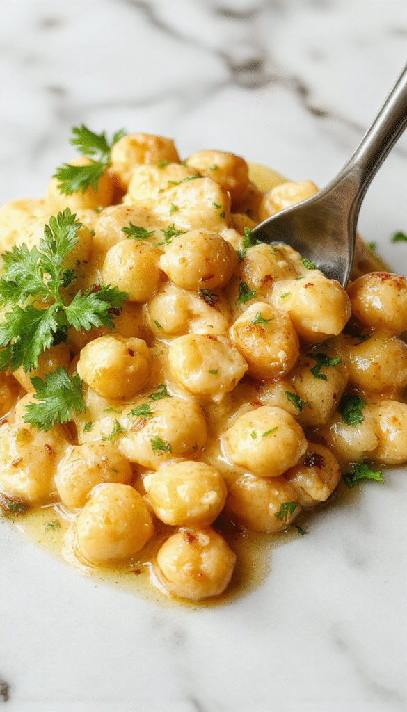 Vibrant bowl of creamy butter chickpeas garnished with fresh coriander, served on a rustic wooden table with a drizzle of creamy sauce, colorful spices, and a side of naan bread, capturing a warm and inviting Indian culinary presentation with rich textures and bright colors.
