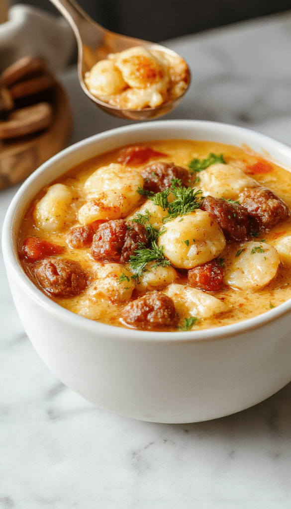 A vibrant bowl of creamy Italian sausage gnocchi soup featuring golden-brown gnocchi, slices of savory sausage, fresh herbs, and a rich, velvety broth, beautifully plated in a rustic white bowl with a sprig of basil on top, set against a cozy wooden table with a spoon ready to serve.