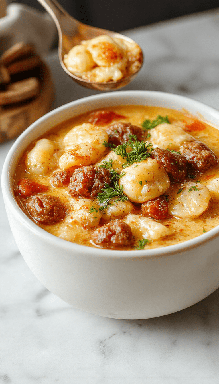 A vibrant bowl of creamy Italian sausage gnocchi soup featuring golden-brown gnocchi, slices of savory sausage, fresh herbs, and a rich, velvety broth, beautifully plated in a rustic white bowl with a sprig of basil on top, set against a cozy wooden table with a spoon ready to serve.