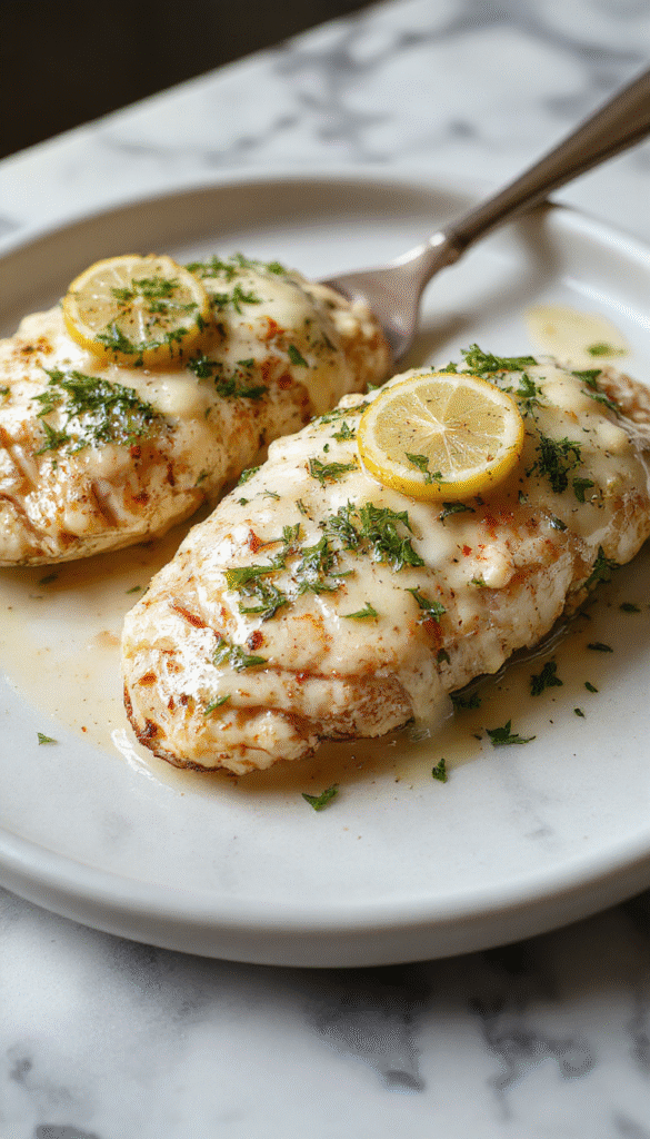 A close-up of a golden-brown lemon chicken Romano plated with lemon slices and fresh herbs, topped with creamy sauce, styled on a rustic wooden table with vibrant green herbs and lemon wedges, evoking warmth and family comfort.