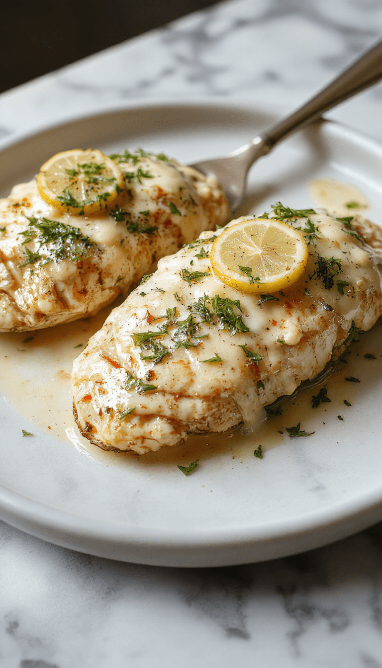 A close-up of a golden-brown lemon chicken Romano plated with lemon slices and fresh herbs, topped with creamy sauce, styled on a rustic wooden table with vibrant green herbs and lemon wedges, evoking warmth and family comfort.