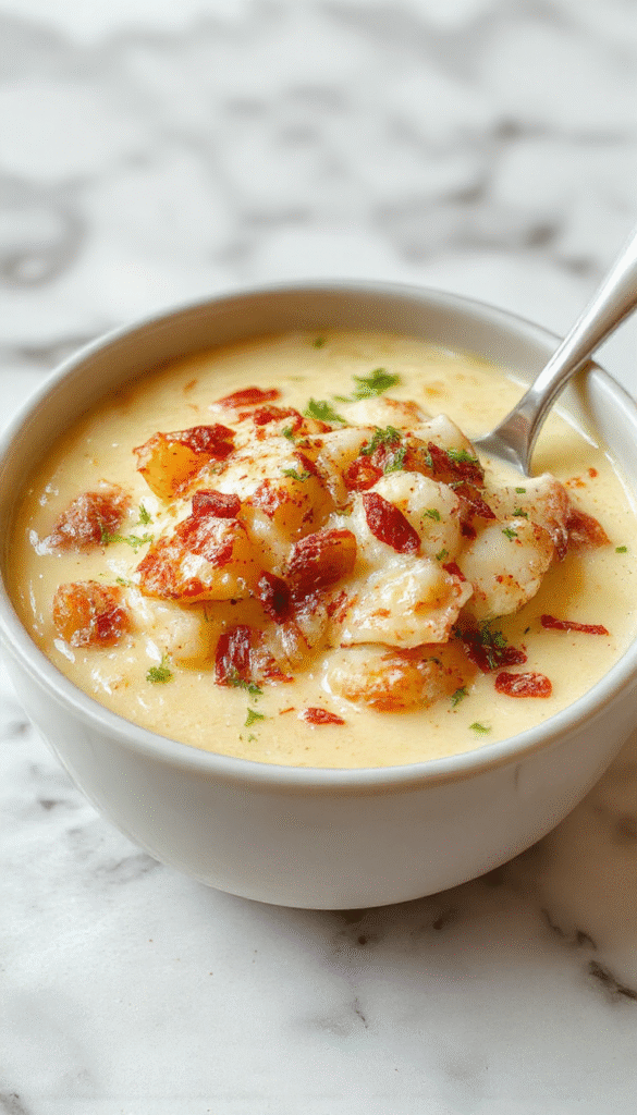 A steaming bowl of creamy loaded baked potato soup with golden shredded cheese topping, green chives, crispy bacon bits, and a dollop of sour cream on a rustic wooden table, garnished with fresh herbs and accompanied by warm bread beside it.