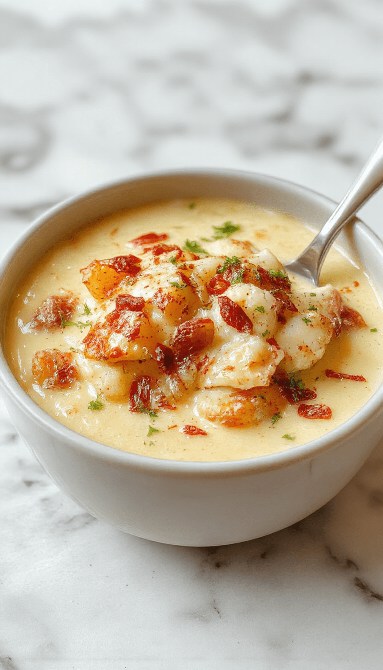 A steaming bowl of creamy loaded baked potato soup with golden shredded cheese topping, green chives, crispy bacon bits, and a dollop of sour cream on a rustic wooden table, garnished with fresh herbs and accompanied by warm bread beside it.