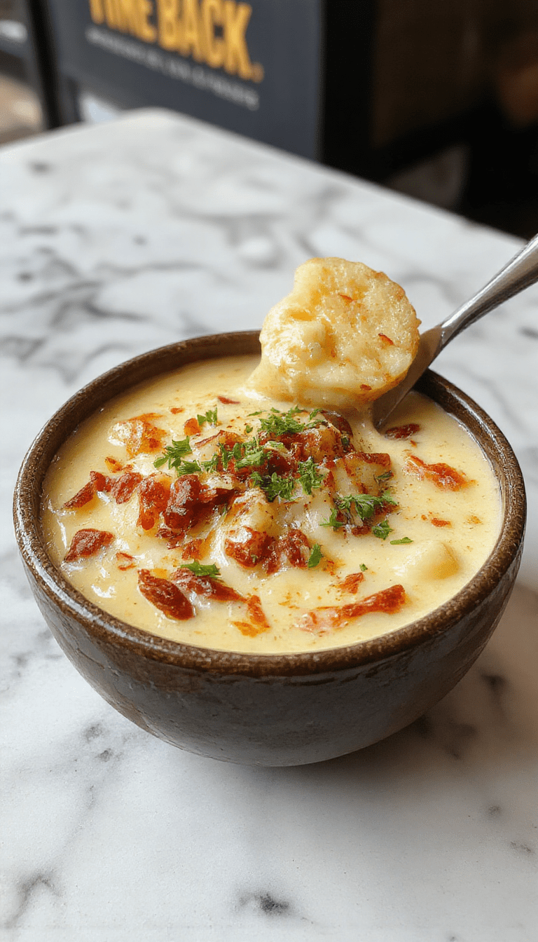 A vibrant bowl of creamy loaded outback potato soup topped with melted cheese, crispy bacon bits, chopped green onions, and a dollop of sour cream, presented on a rustic wooden table with a spoon beside it. The soup’s rich textures and colorful toppings create an inviting and hearty atmosphere.