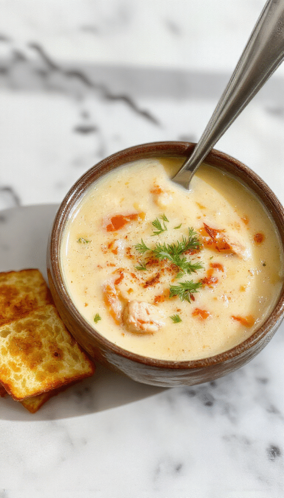 A vibrant bowl of creamy chicken soup garnished with fresh herbs, served on a rustic wooden table with a spoon beside it, steam rising, showcasing tender chicken pieces, a smooth velvety broth, and colorful vegetables.
