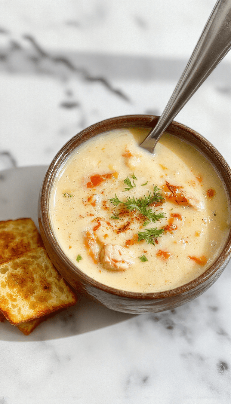 A vibrant bowl of creamy chicken soup garnished with fresh herbs, served on a rustic wooden table with a spoon beside it, steam rising, showcasing tender chicken pieces, a smooth velvety broth, and colorful vegetables.