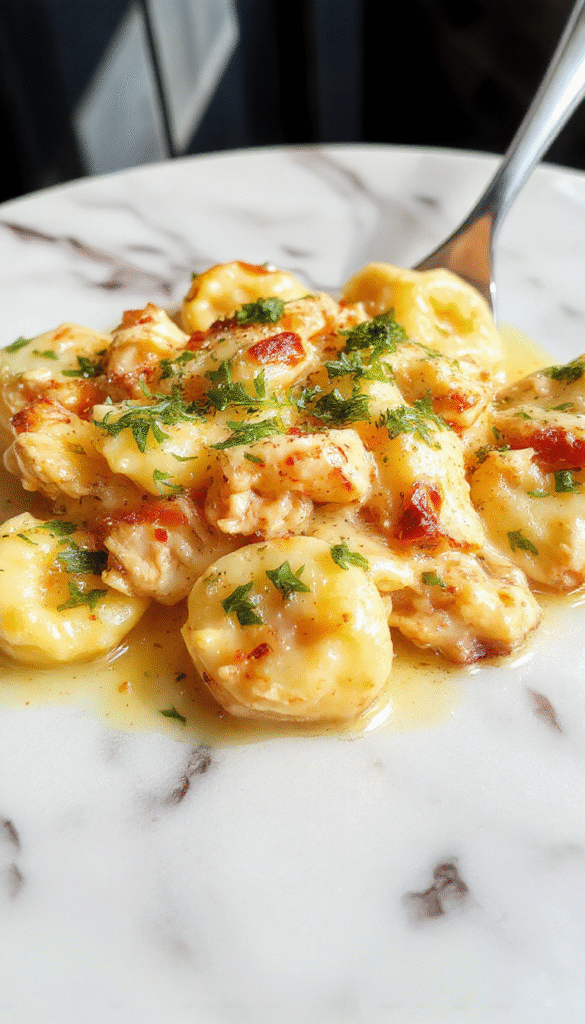 A vibrant plate of creamy chicken tortellini garnished with fresh herbs, featuring golden-brown tortellini nestled in a rich, cheesy sauce with crispy chicken pieces, all beautifully arranged on a white plate against a rustic wooden background with a sprinkle of herbs.