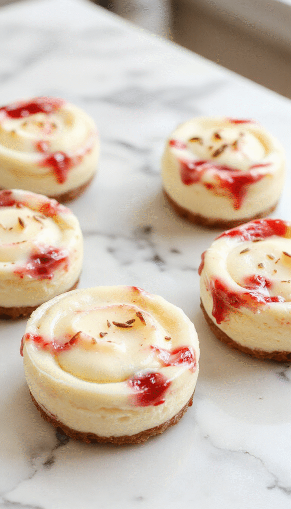 A close-up of three perfectly baked mini cheesecakes with a smooth, creamy surface topped with fresh berries and mint leaves, presented on a stylish white plate with a golden crust beneath the luscious filling.
