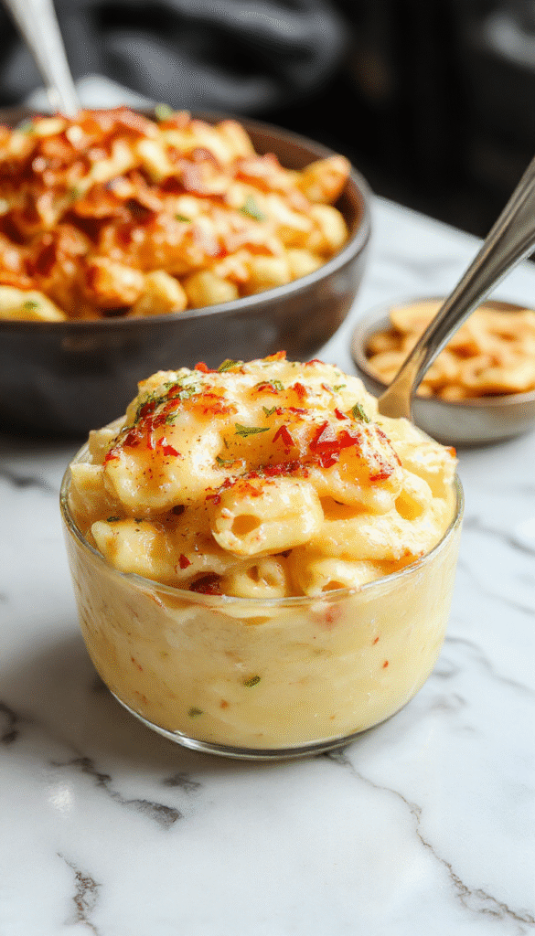 A vibrant bowl of creamy mac and cheese with a golden, bubbly top layer, garnished with chopped parsley. The pasta is perfectly al dente, coated in a smooth cheese sauce, served on a rustic wooden table with a sprinkle of fresh herbs and a side of crusty bread.