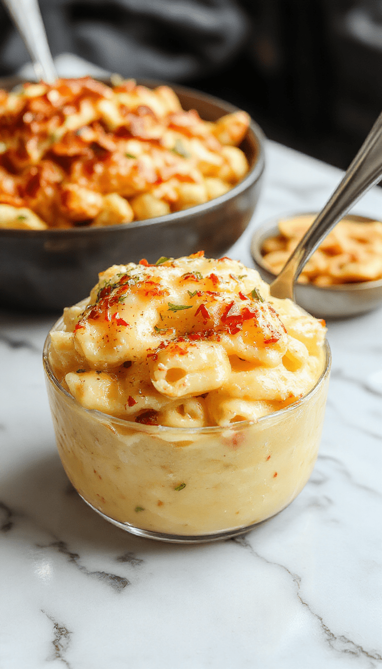 A vibrant bowl of creamy mac and cheese with a golden, bubbly top layer, garnished with chopped parsley. The pasta is perfectly al dente, coated in a smooth cheese sauce, served on a rustic wooden table with a sprinkle of fresh herbs and a side of crusty bread.